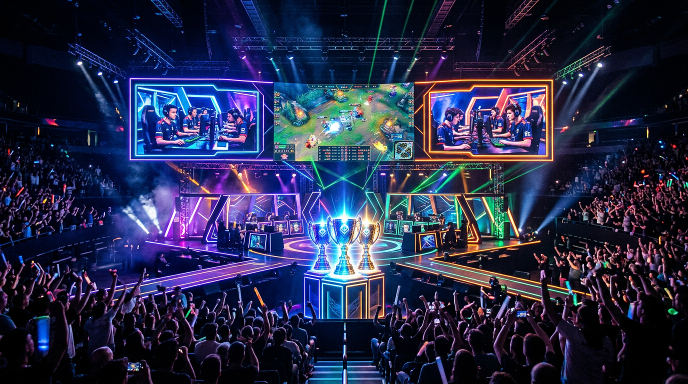 Tournament arena with glowing trophies and competitive stage lighting
